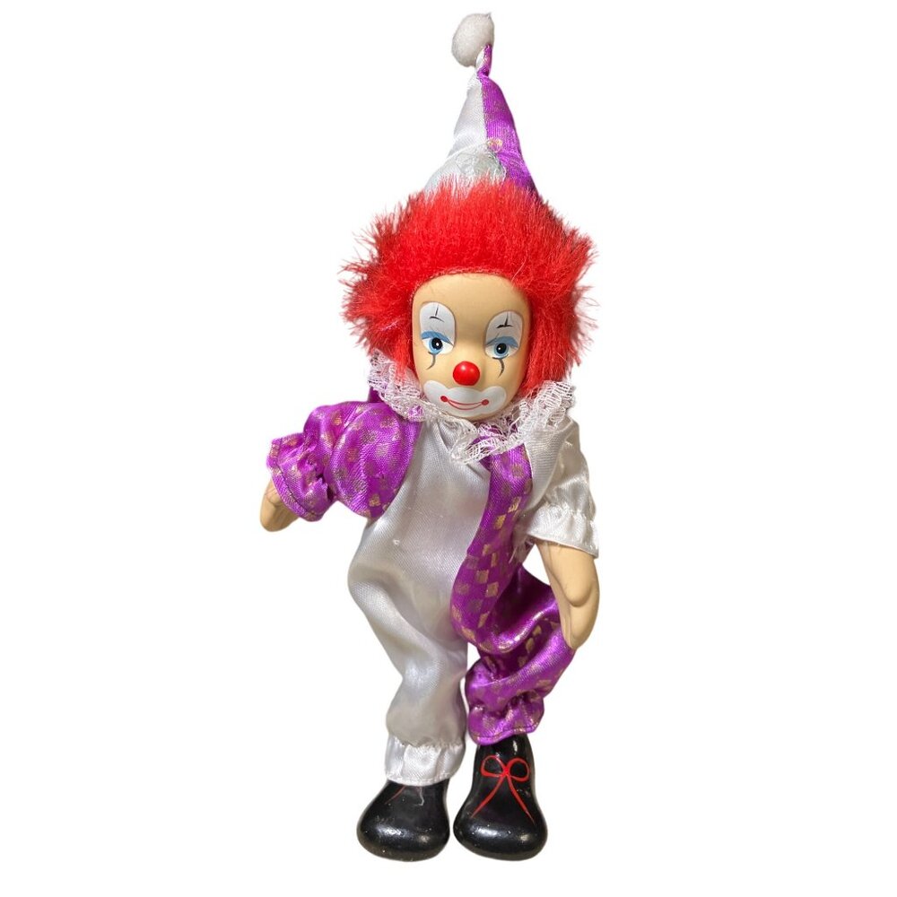 Vintage Porcelain Clown Doll With Red Hair White & Purple Costume Lace Details